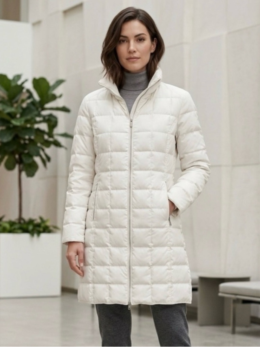 Anne Klein Off-White Quilted Long Puffer Coat Jacket - Medium